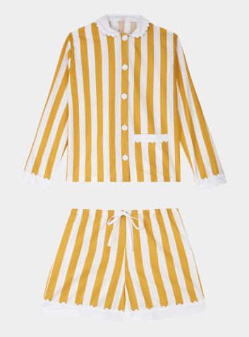100% Cotton Poplin Ochre  & White Stripe Short Pyjamas With Side Pocket, White Collar and Cuffs Ric Rac Trim