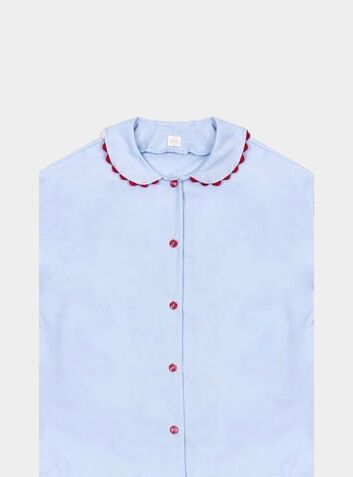 100% Cotton Poplin Pastel Blue Long Pyjamas With Red Ric Rac Trim