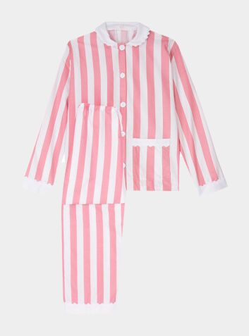 100% Cotton Poplin Pink & White Stripe Long Pyjamas, White Collar and Cuffs Ric Rac Trim