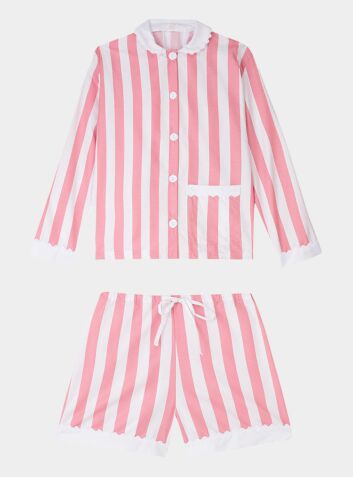 100% Cotton Poplin Pink  & White Stripe Short Pyjamas With Side Pocket, White Collar and Cuffs Ric Rac Trim
