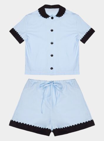 100% Cotton Poplin Pyjamas in Blue With Black Contrasting Collar and Cuffs With Ric Rac Trim