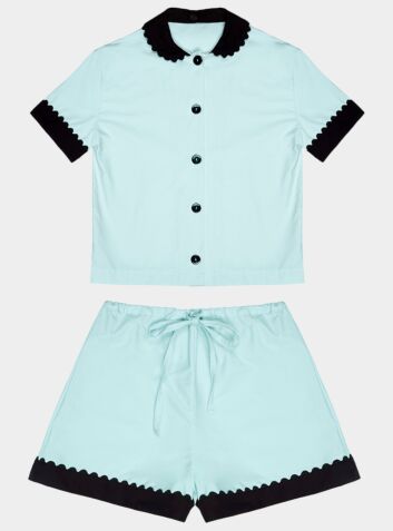 100% Cotton Poplin Pyjamas in Mint With Black Contrasting Collar and Cuffs With Ric Rac Trim