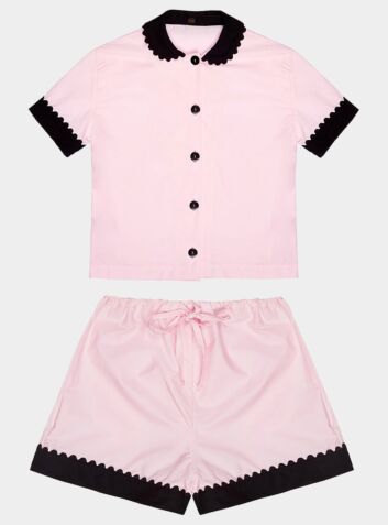 100% Cotton Poplin Pyjamas in Pink With Black Contrasting Collar and Cuffs With Ric Rac Trim