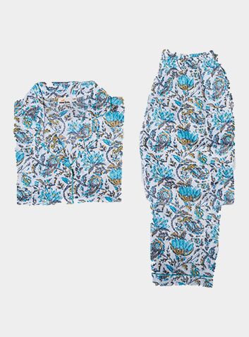 Ahaana Turquoise Block Printed Cotton Pyjamas