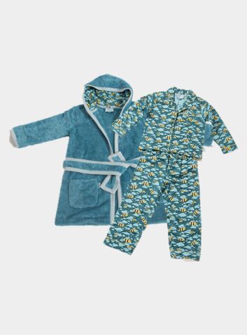 Boys Dressing Gown and Button Up Pyjamas Luxury Gift Set - Busy Bees