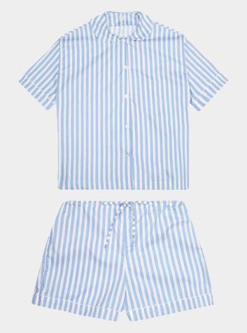 100% Cotton Poplin Blue and White Stripe Pyjamas With White Ric Rac Trim