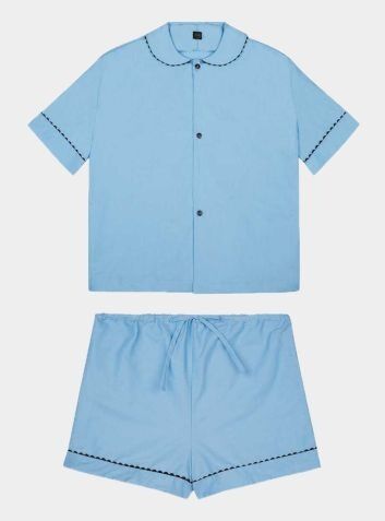 100% Cotton Poplin Pyjamas in Pastel Blue With Black Contrasting Ric Rac Trim