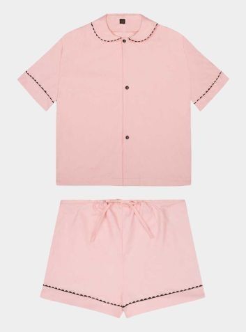 100% Cotton Poplin Pyjamas in Pastel Pink With Black Contrasting Ric Rac Trim