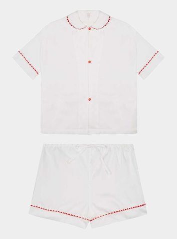 100% Cotton Poplin Pyjamas in White With Red Contrasting Ric Rac Trim