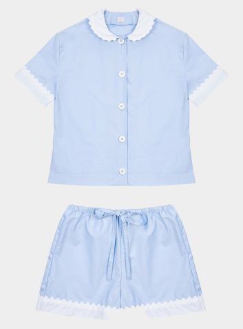 100% Cotton Poplin Pyjamas in Blue With White Contrasting Collar and Cuffs With Ric Rac Trim