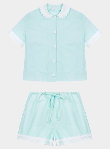 100% Cotton Poplin Pyjamas in Mint With White Contrasting Collar and Cuffs With Ric Rac Trim