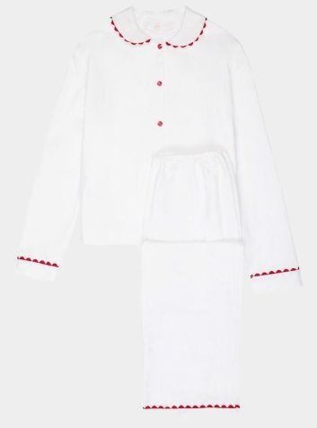100% Cotton Poplin White Long Pyjamas With Red Ric Rac Trim
