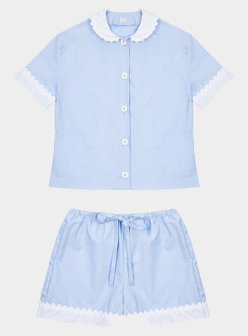 Cotton Poplin Pyjama Short Set With Contrasting Collar and Cuffs - Blue