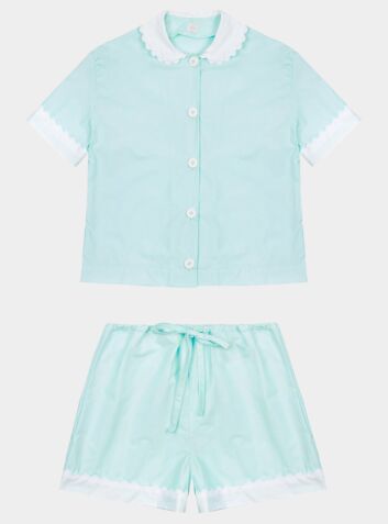 Cotton Poplin Pyjama Short Set With Contrasting Collar and Cuffs - Green