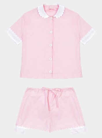 Cotton Poplin Pyjama Short Set With Contrasting Collar and Cuffs - Pink