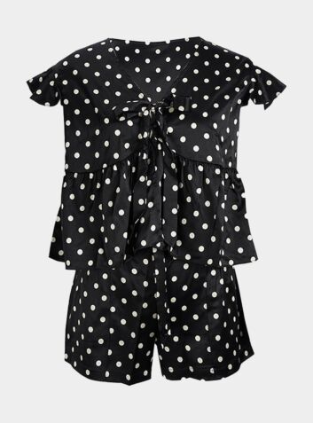 Flutter-Sleeves Silk Pyjama Short Set - White & Black Polka Dots