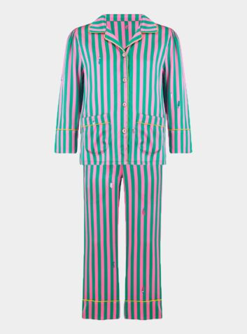 Girls Silk Pyjama Trouser Set - Amelie Flamingo Caterpillar Stripe