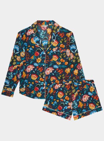 Florals on Navy Women's Long Sleeve Organic Cotton Pyjama Short Set
