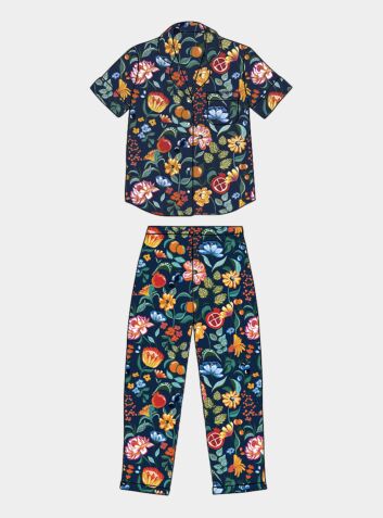 Women's Organic Cotton Pyjama Short Sleeve Trouser Set - Florals on Navy