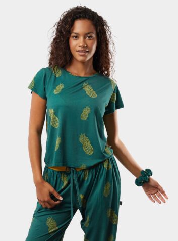 Women’s Bamboo Pyjama T-Shirt and Trouser Set - Golden Pineapple II