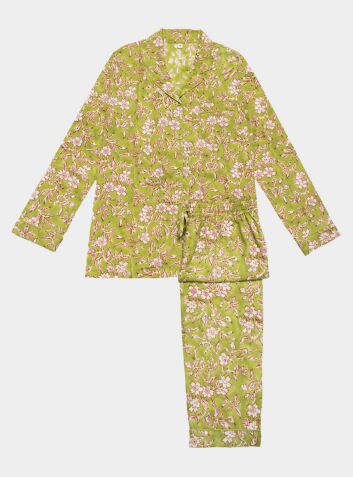 Women's Cotton Pyjama Trouser Set -  Green & White Floral