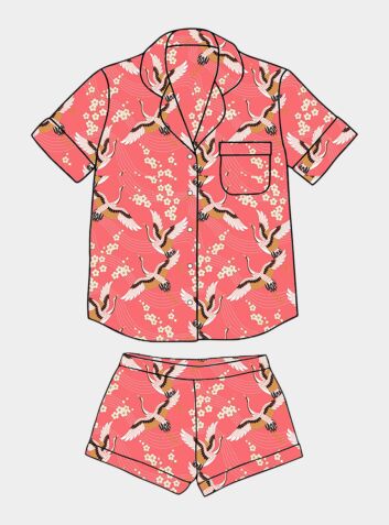 Women's Organic Cotton Pyjama Short Set - Japanese Crane on Coral