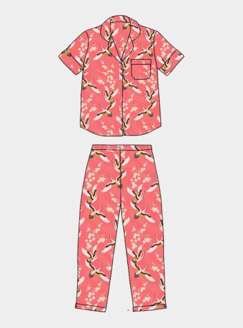 Women's Organic Cotton Pyjama Short Sleeve Trouser Set - Japanese Crane on Coral