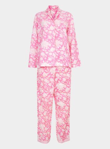 Women's Cotton Pyjama Trouser Set - Hibiscus Pink