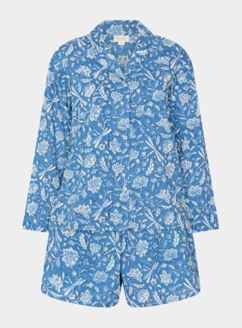 Hand Printed Cotton Pyjama Short Set - Dragonfly Blue