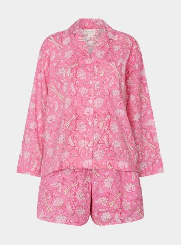 Hand Printed Cotton Pyjama Short Set - Dragonfly Pink