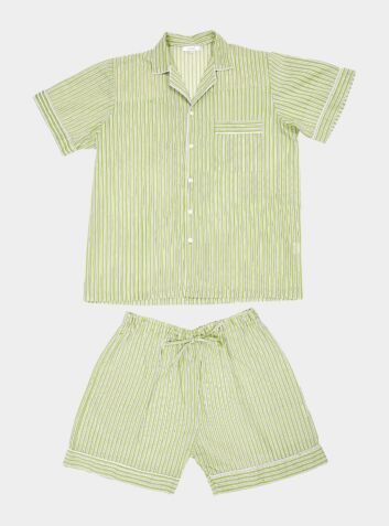 Mens Hara Cotton Pyjama Short Set - Green & White Stripe