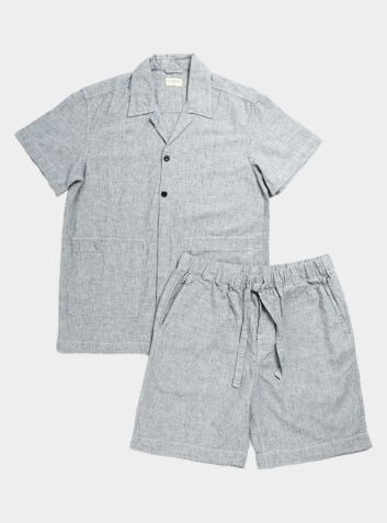 Unisex Cotton Linen Blend Pyjama Short Set - Grey Pin Dot
