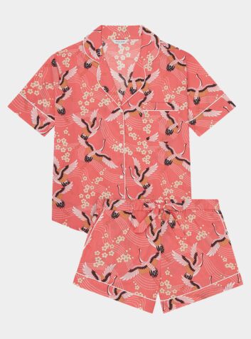 Japanese Crane on Coral Women's Short Sleeve Organic Cotton Pyjama Short Set