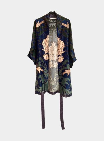 Kimono Silk Robe - Blue and Green Damask