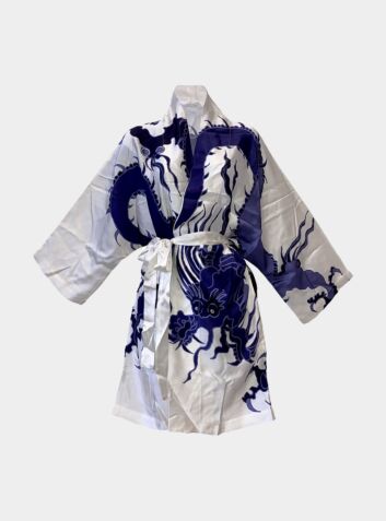 Kimono Silk Robe - Blue Dragon on White