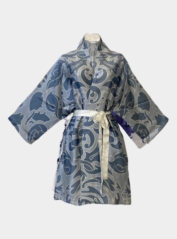 Kimono Silk Robe - Hummingbird Damask Blue on Blue