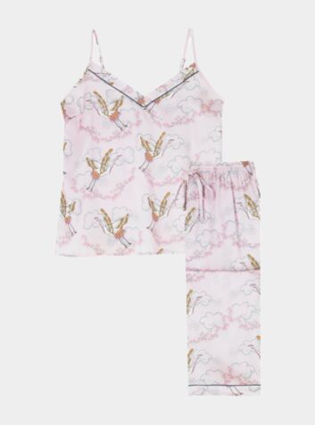 Women's Satin Cami Pyjama Trouser Set - Pale Pink Crane Blossom
