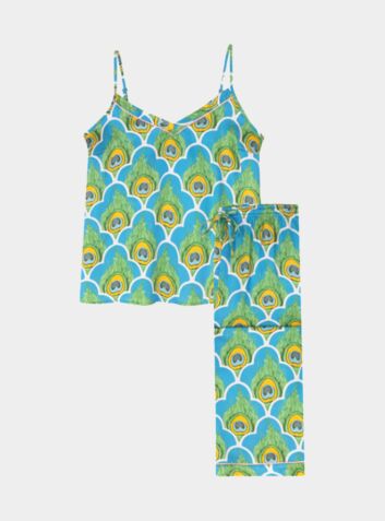 Women's Satin Cami Pyjama Trouser Set - Peacock Tile