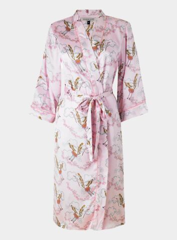 Satin Belted Wrap Robe - Pink Crane Blossom