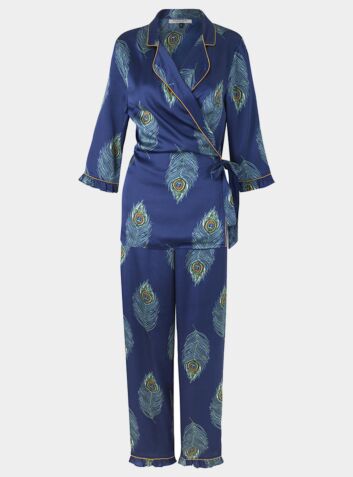 Women's Wrap Satin Pyjama Set - Navy Peacock