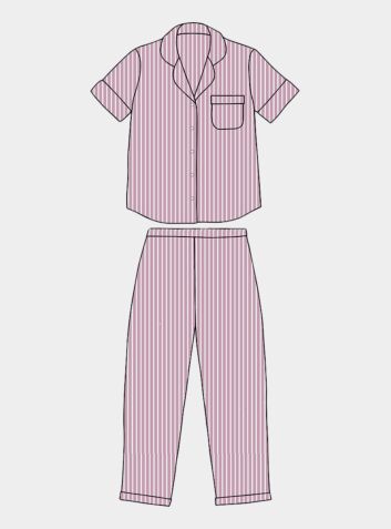 Women's Organic Cotton Pyjama Short Sleeve Trouser Set - Mauve & White Stripe