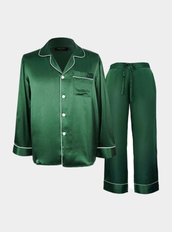 Men's Silk Printed Trouser Pyjama Set - Dark Green