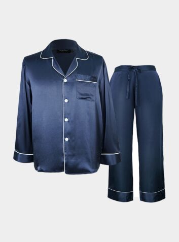 Men's Silk Printed Trouser Pyjama Set - Dark Blue