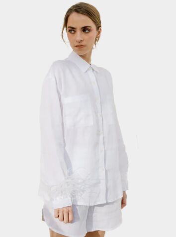 Mila Linen Feather Pyjama Lounge set - White