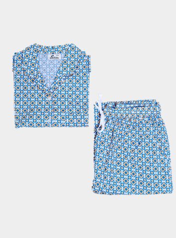 Women's Organic Cotton Pyjama Trouser Set - Naavya Blue Geometric