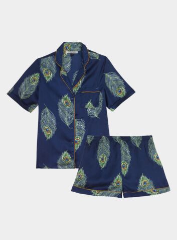 Women's Satin Pyjama Short Set - Navy Peacock
