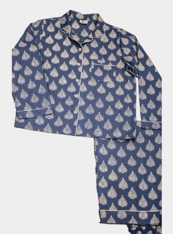 Women's Organic Cotton Pyjama Trouser Set - Navy Leaf