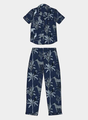 Women's Organic Cotton Pyjama Short Sleeve Trouser Set - Navy Botanical Jungle