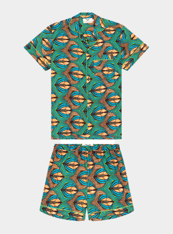 Unisex Short Sleeve African Print Pyjama Short Set - Green Feather