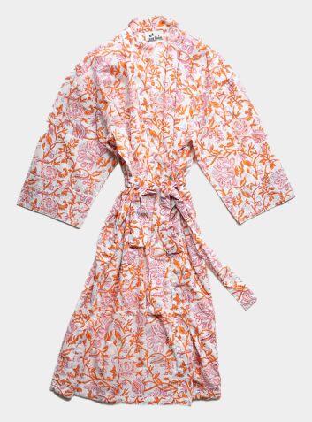 Organic Cotton Block Printed Robe - Orange and Pink Floral